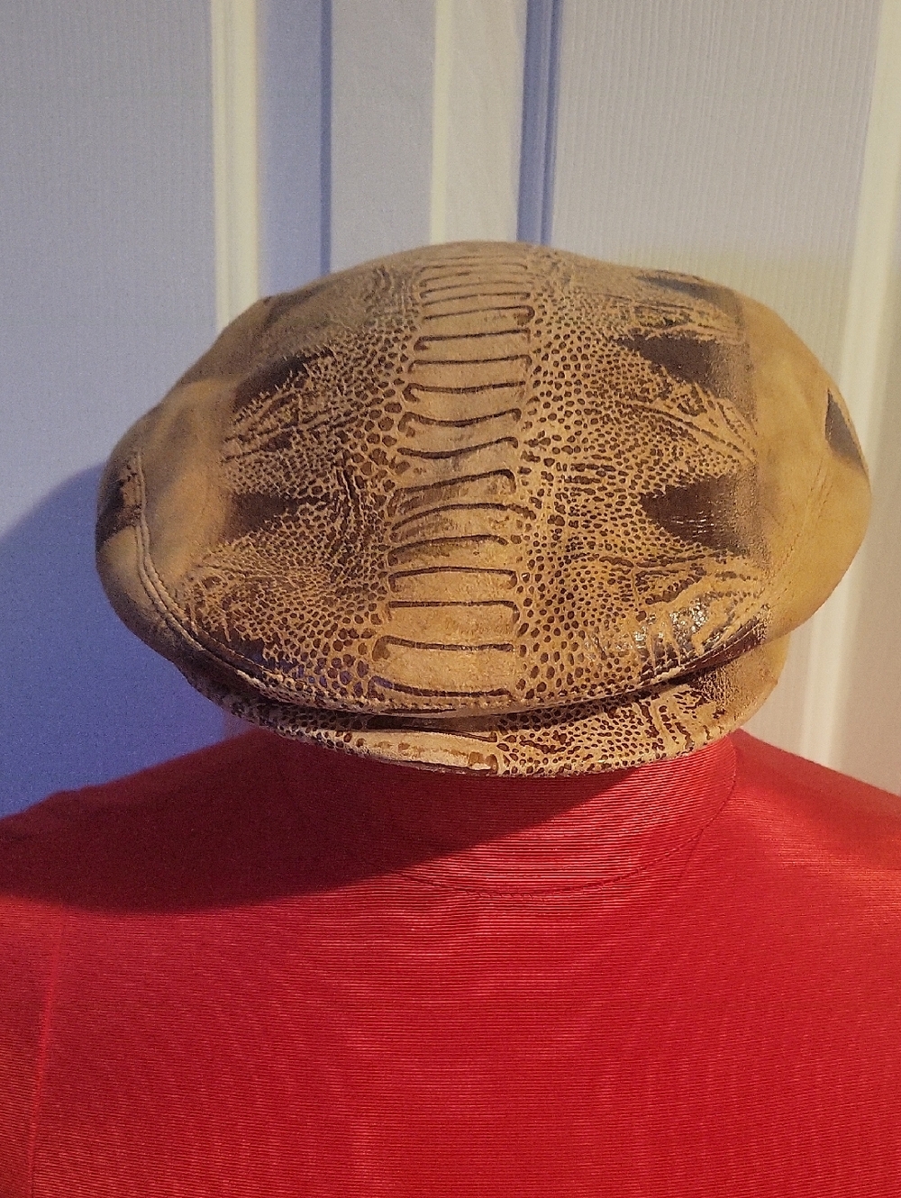 MARZI Leather-Style Reptile Print Cin Tan Beret Cap